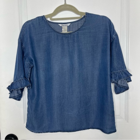 Dizzy Lizzy Romantic Denim Blouse 3/4 Ruffle Sleeve Women Size M - Picture 1 of 6